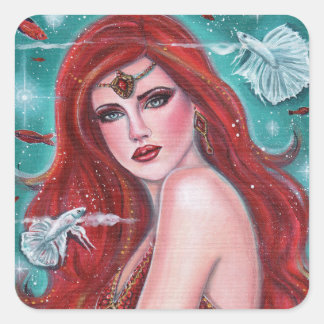 Ruby Carmina mermaid met witte bettas fantasy art Vierkante Sticker
