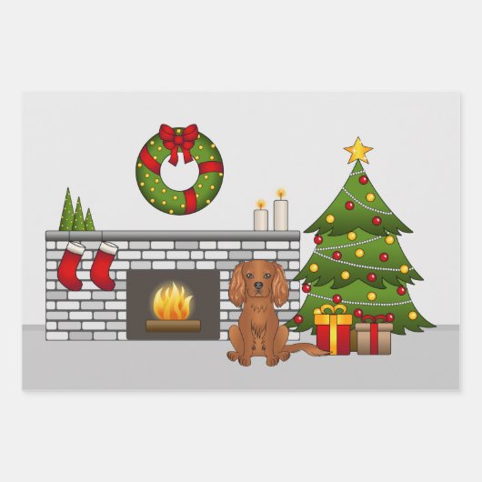Ruby Cavalier Dog in een feestelijke kerstzaal Inpakpapier Vel (Voorkant)