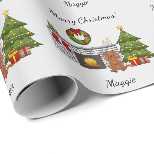Ruby Cavalier Dog in een kerstzaal Cadeaupapier (Rol Hoek)
