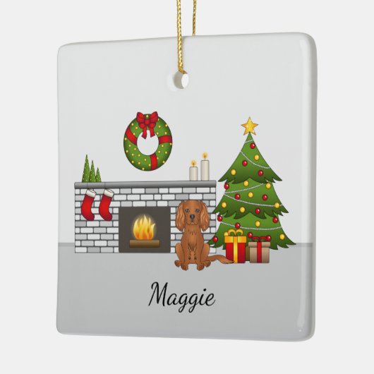 Ruby Cavalier Dog in een kerstzaal Keramisch Ornament (Links)