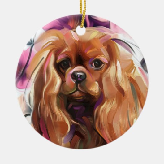 Ruby Cavalier kerstversier |  Floral Keramisch Ornament (Voorkant)