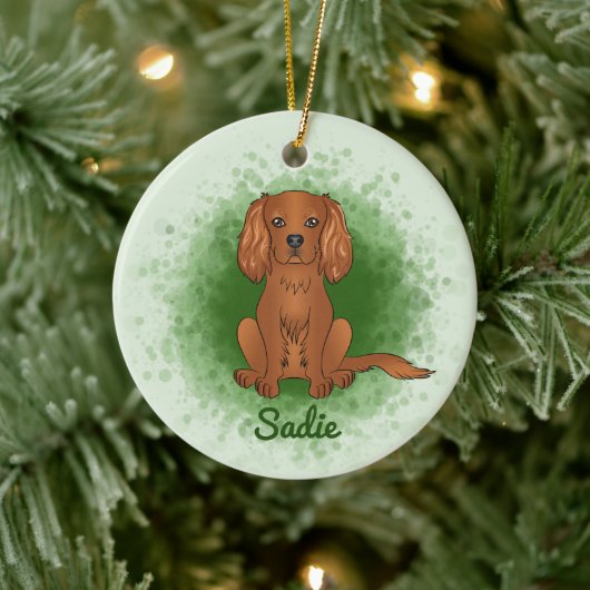 Ruby Cavalier King Charles Spaniel Dog over Groen Keramisch Ornament (Boom)