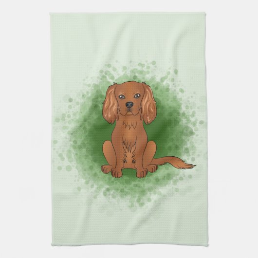 Ruby Cavalier King Charles Spaniel Dog over Groen Theedoek (Verticaal)