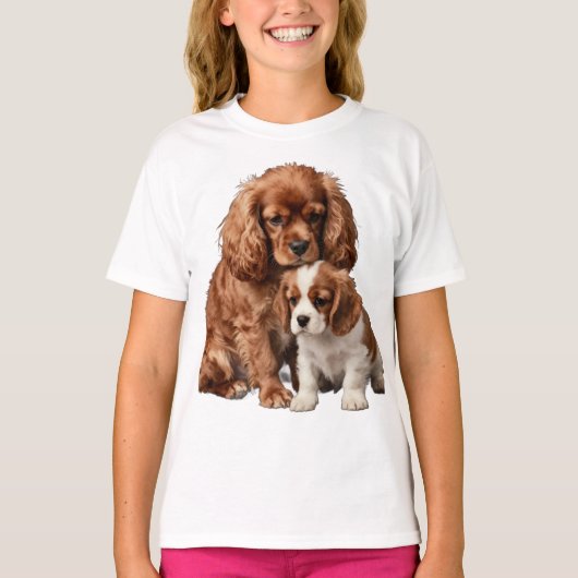 Ruby Cavalier Spaniel en haar Blenheim pup T-shirt (Voorkant)