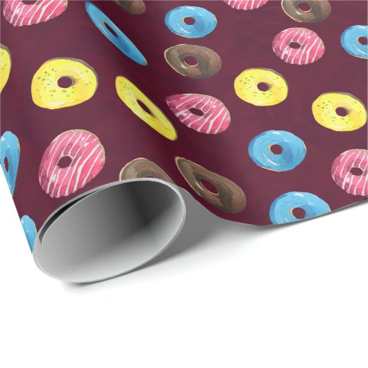 Ruby Donuts: Waterverf Naadloos Patroon. Cadeaupapier (Rol Hoek)