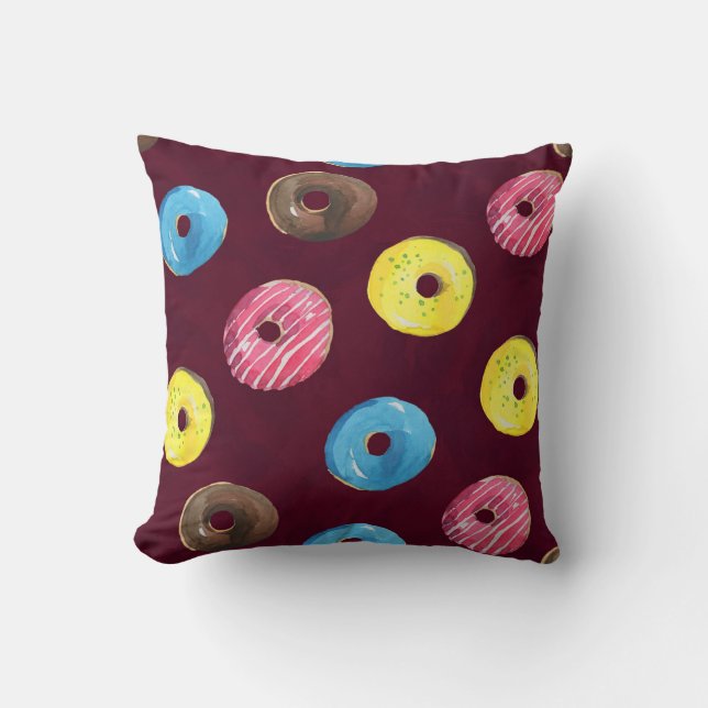 Ruby Donuts: Waterverf Naadloos Patroon. Kussen (Voorkant)