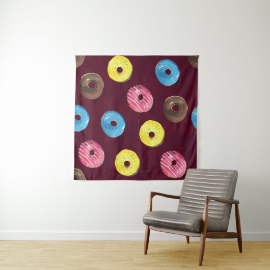 Ruby Donuts: Waterverf Naadloos Patroon. Wandkleed (In Situ (horizontaal))