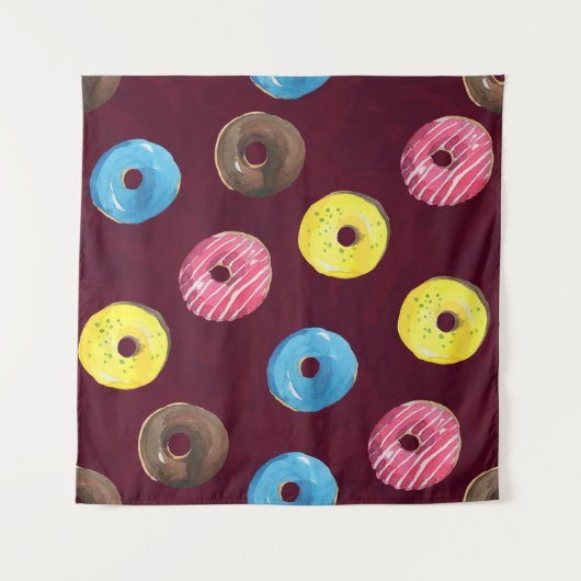 Ruby Donuts: Waterverf Naadloos Patroon. Wandkleed (Voorkant)