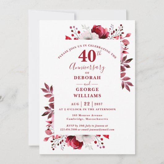 Ruby Elegant Floral 40ste bruiloft Jubileum Kaart (Voorkant)