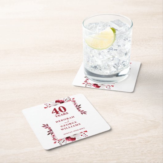 Ruby Elegant Floral 40ste bruiloft Jubileum Kartonnen Onderzetters (Insitu)