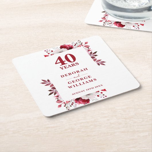 Ruby Elegant Floral 40ste bruiloft Jubileum Kartonnen Onderzetters (Schuin)