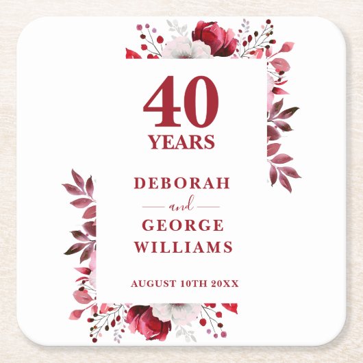 Ruby Elegant Floral 40ste bruiloft Jubileum Kartonnen Onderzetters (Voorkant)