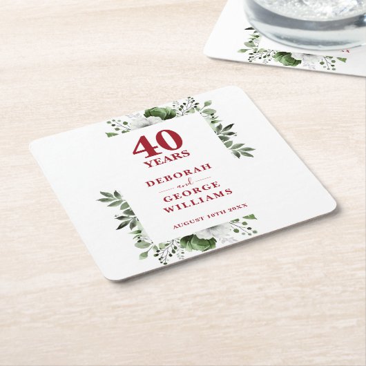 Ruby Elegant Floral 40ste bruiloft Jubileum Kartonnen Onderzetters (Schuin)