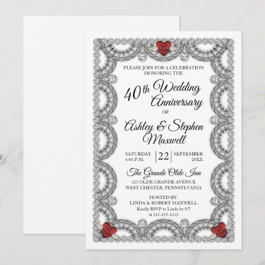 Ruby en Diamanten 40-jarig huwelijksfeestfeestje Kaart (Voorkant / Achterkant)