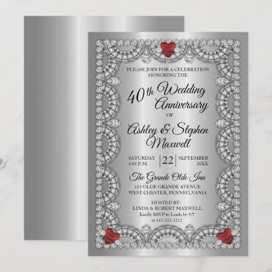 Ruby en Diamanten 40ste Huwelijksjubileumfeest In Kaart (Voorkant / Achterkant)