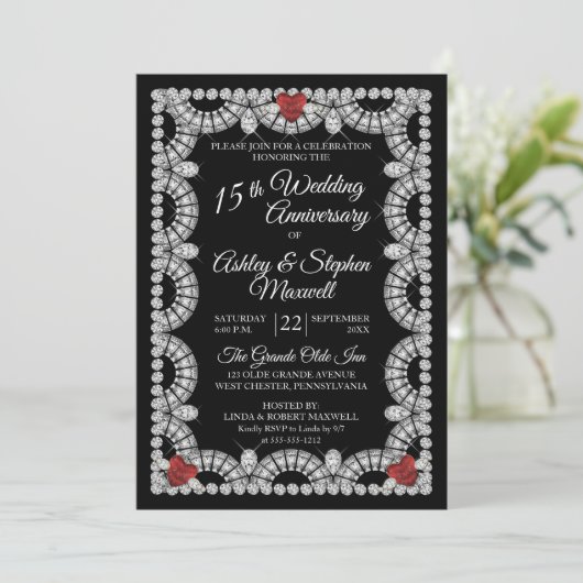 Ruby en Diamond 15de bruiloft Jubileum Party Kaart (Staand voorkant)