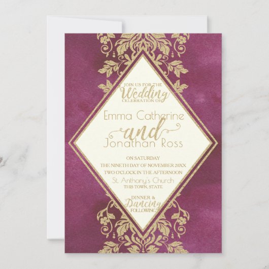 Ruby en Gold Damask bruiloft Kaart (Voorkant)