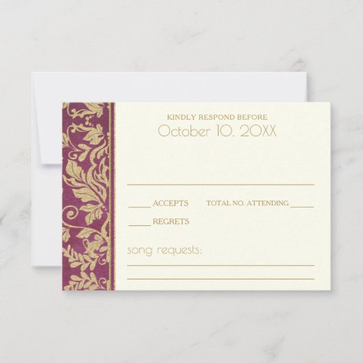 Ruby en Gold Damask Wedding Response RSVP Kaartje (Voorkant)