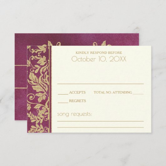 Ruby en Gold Damask Wedding Response RSVP Kaartje (Voorkant / Achterkant)
