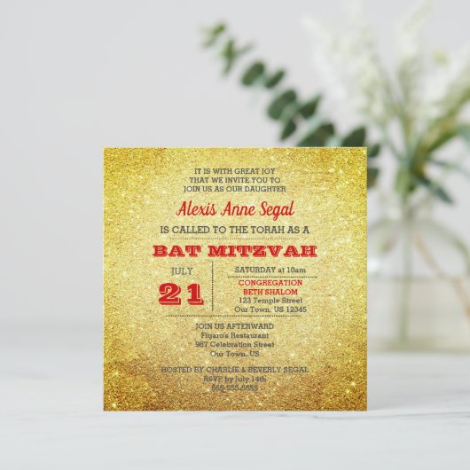 Ruby en Gold Glitter Glam Bat Mitswa Kaart (Staand voorkant)