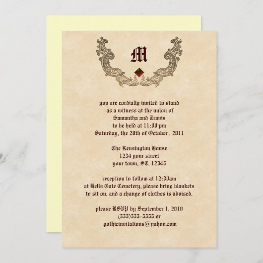 Ruby en Gold Monogram Gothic Invitation Kaart (Voorkant / Achterkant)