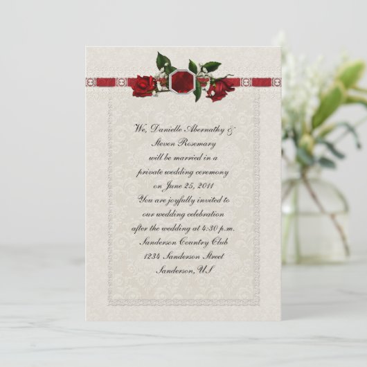 Ruby en Red Roses Ribbon Post Wedding Kaart (Staand voorkant)