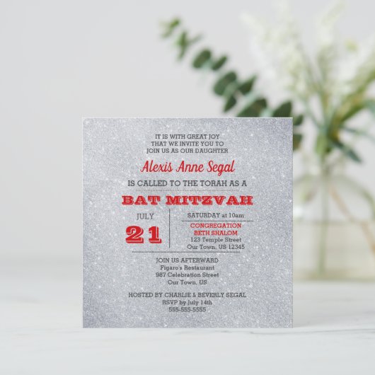 Ruby en Silver Glitter Glam Bat Mitswa Kaart (Staand voorkant)