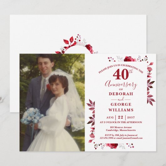 Ruby Floral 40th Wedding Jubileum Foto Kaart (Voorkant / Achterkant)