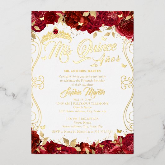 Ruby Floral Garden Scroll Mis Quince Quinceanera Folie Uitnodiging (Voorkant)