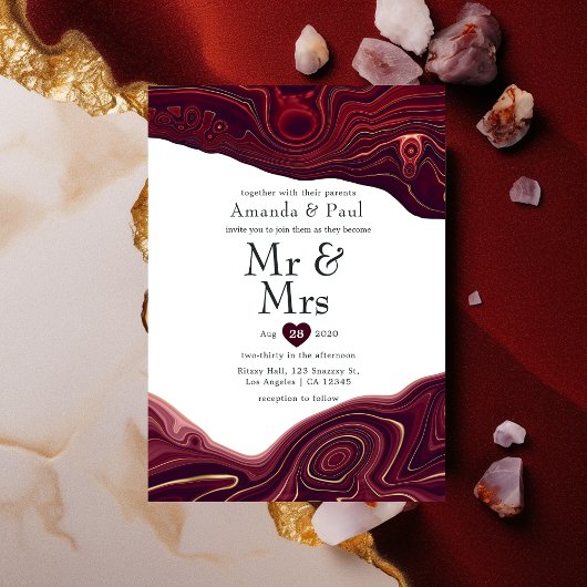 Ruby Garnet en Gold Strata Agate Mr & Mrs Wedding Kaart