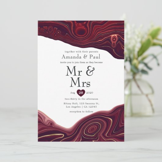 Ruby Garnet en Gold Strata Agate Mr & Mrs Wedding Kaart (Staand voorkant)