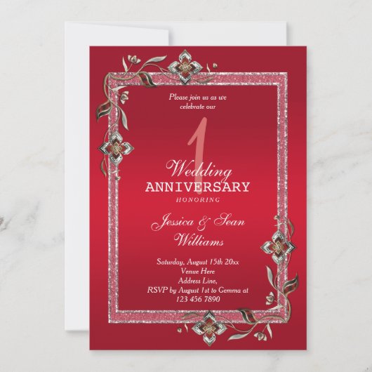 Ruby Gem en Glitter 1st Wedding Jubileum Kaart (Voorkant)