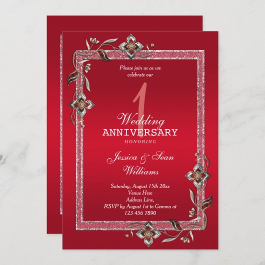 Ruby Gem en Glitter 1st Wedding Jubileum Kaart (Voorkant / Achterkant)