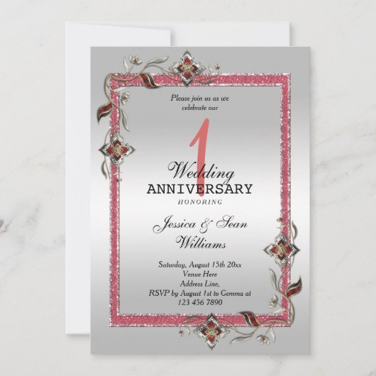 Ruby Gem, Glitter en Silver 1st Wedding Kaart (Voorkant)