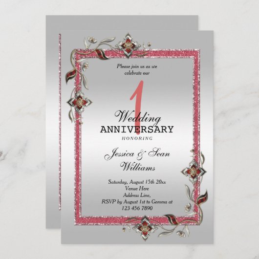 Ruby Gem, Glitter en Silver 1st Wedding Kaart (Voorkant / Achterkant)