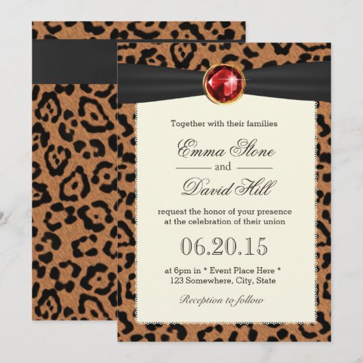 Ruby Gemstone Black Ribbon Leopard Print Weddensch Kaart (Voorkant / Achterkant)