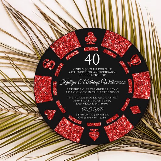 Ruby Glitter Poker Chip 40ste bruiloft Jubileum Kaart