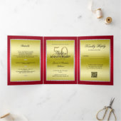 Ruby, Gouden Foto, QR Code 50ste bruiloft Jubileum Drieluik Uitnodiging (Binnen)