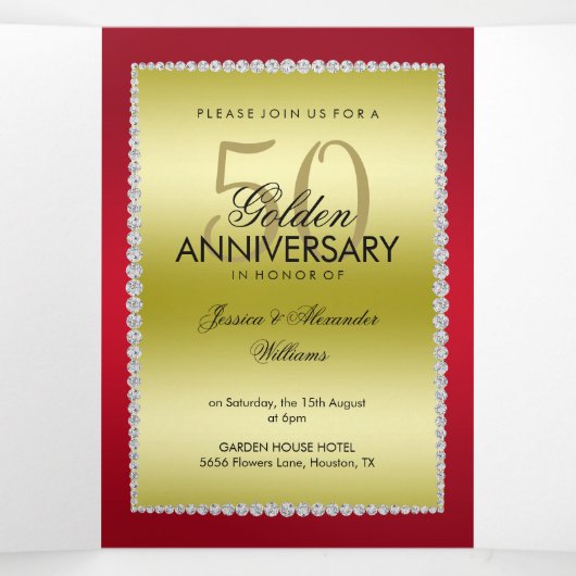 Ruby, Gouden Foto, QR Code 50ste bruiloft Jubileum Drieluik Uitnodiging (Binnenkant midden)