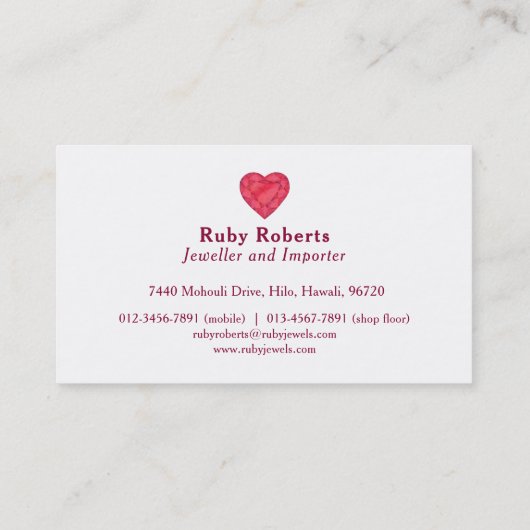 Ruby hart juwelen sieraden visitekaartje (Achterkant)