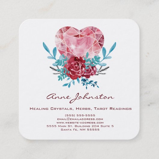 Ruby Heart Boho Floral Waterverf Vierkante Visitekaartje (Achterkant)