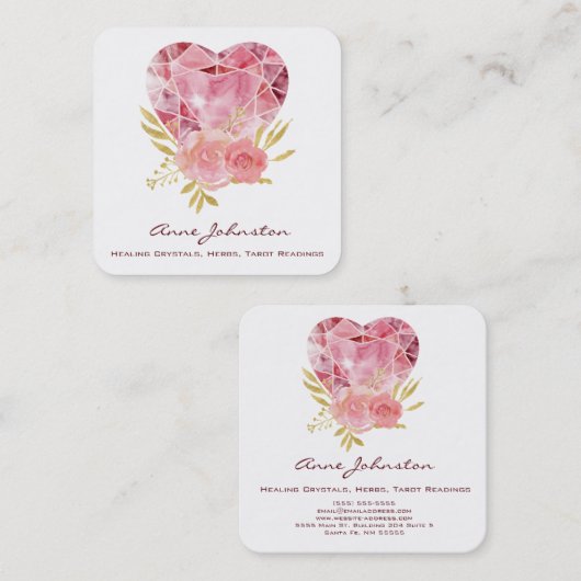 Ruby Heart en Flowers Square Visitekaartje (Voorkant / Achterkant)