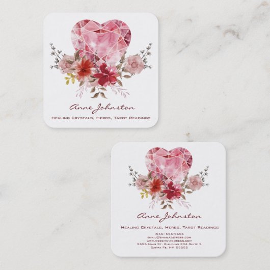 Ruby Heart en Flowers Square Visitekaartje (Voorkant / Achterkant)