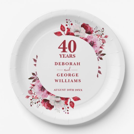 Ruby Modern Floral 40ste bruiloft Jubileum Papieren Bordje (Voorkant)