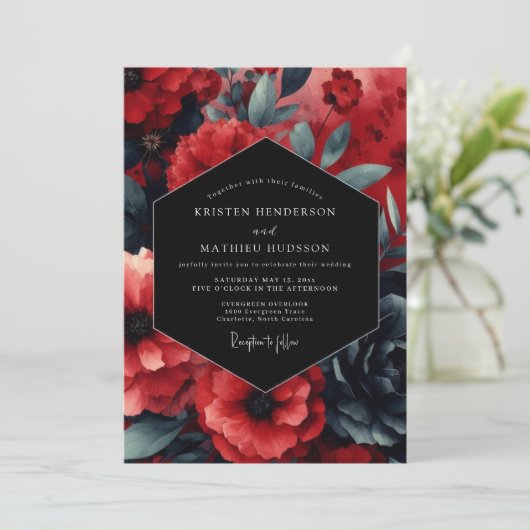 Ruby Nocturne Bloom Bruiloft Kaart (Staand voorkant)