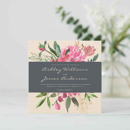 Ruby Peony Floral Wedding Invitation | Vierkant Kaart (Staand voorkant)
