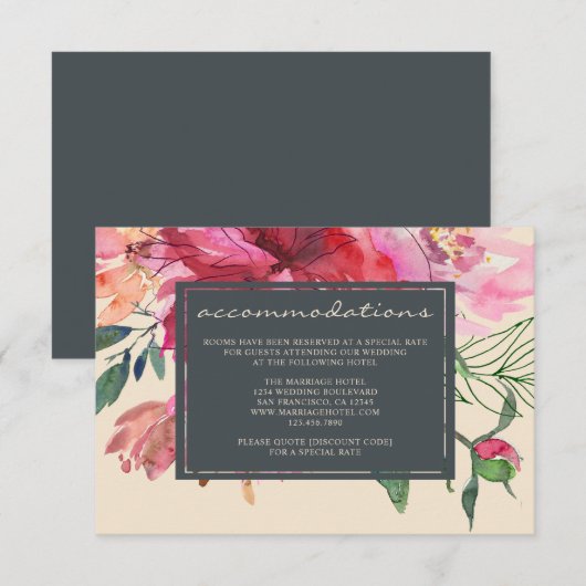 Ruby Pink Peony Botanical Ivory Wedding Informatiekaartje (Voorkant / Achterkant)