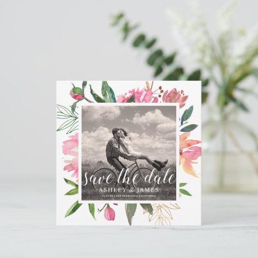 Ruby Pink Peony Botanical Photo Save the Date Kaart (Staand voorkant)