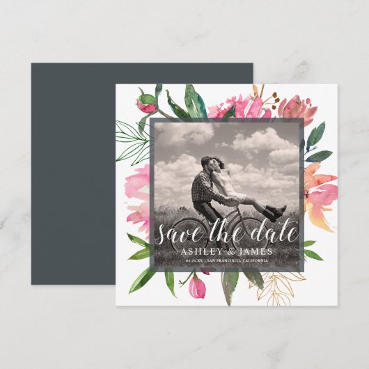 Ruby Pink Peony Botanical Photo Save the Date Kaart (Voorkant / Achterkant)