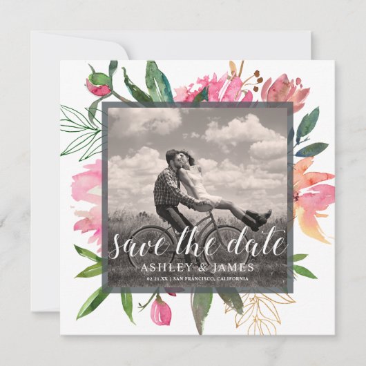 Ruby Pink Peony Botanical Photo Save the Date Kaart (Voorkant)